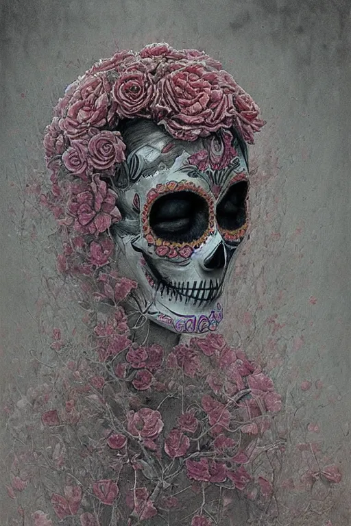 Image similar to Illustration of a sugar skull day of the dead girl, art by Zdzislaw Beksinski