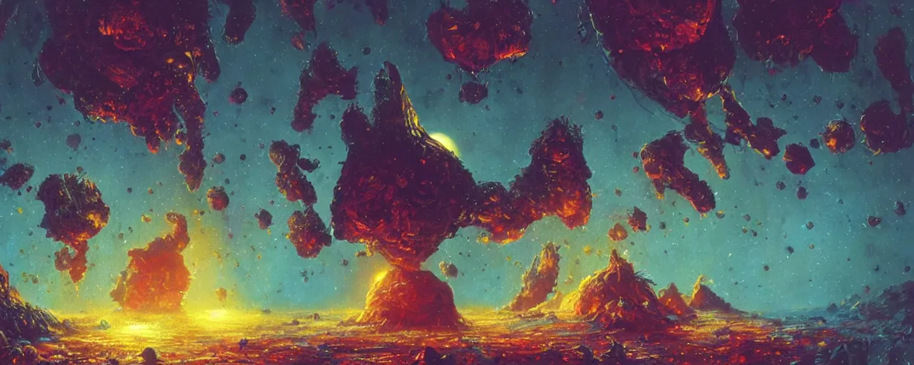 Image similar to ” outer planet covered in dripping honey, [ art by paul lehr, cinematic, detailed, epic, widescreen, opening, establishing, mattepainting, photorealistic, realistic textures, octane render ] ”