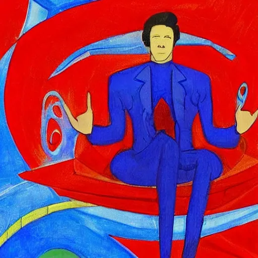 Prompt: A beautiful digital art of a man in a red suit with a blue background. The man's eyes are closed and he has a serene, content look on his face. His arms are crossed in front of him and he appears to be floating in space. The blue background is swirling with geometric shapes and patterns. by Ramon Casas, by Gabriele Münter sinister