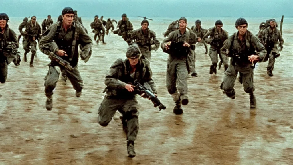 Prompt: A movie screenshot of Velociraptors storming the beach at Normandy in the style of Saving Private Ryan, directed by Henry Selick and Tim Burton.