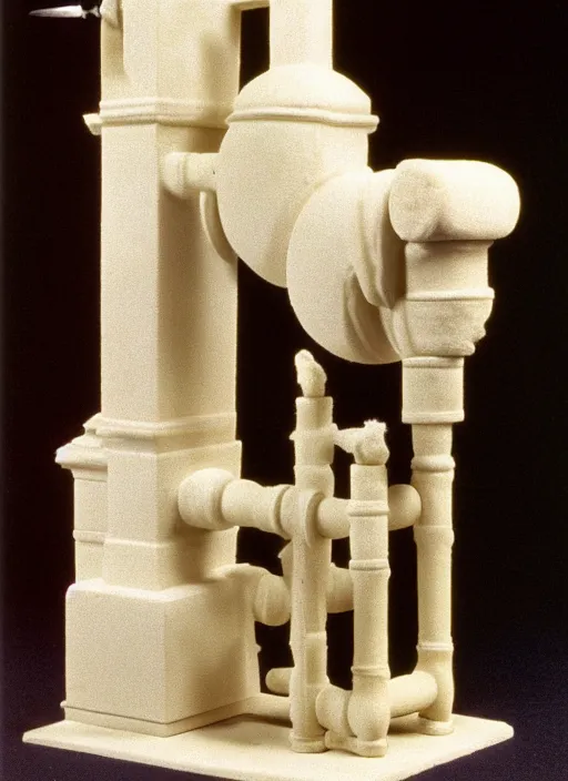 Image similar to ultra very realistic photo of a a medieval temple chemistry appliance pump, made of wood white clay fluffy fur black plastic 1 9 9 0, life magazine photo, natural colors, museum collection, kodak