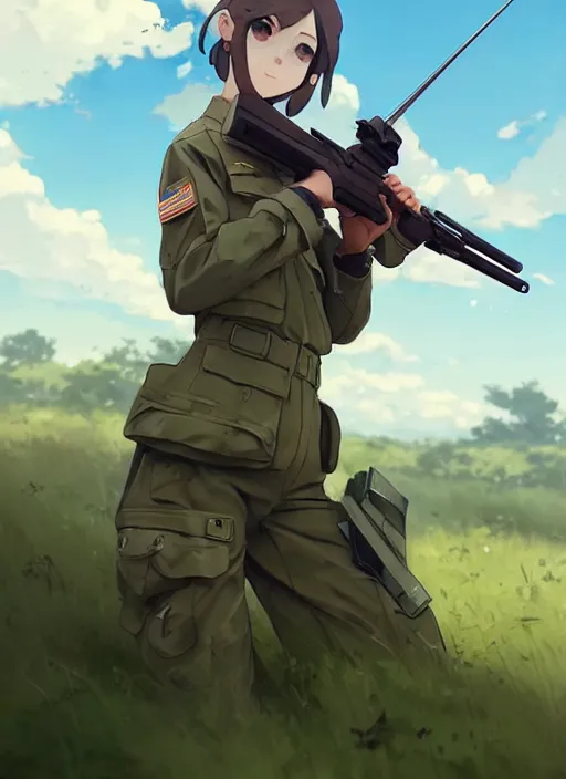 Image similar to portrait of cute soldier girl shooting rifle, cloudy sky background lush landscape illustration concept art anime key visual trending pixiv fanbox by wlop and greg rutkowski and makoto shinkai and studio ghibli and kyoto animation soldier clothing military gear realistic anatomy mechanized