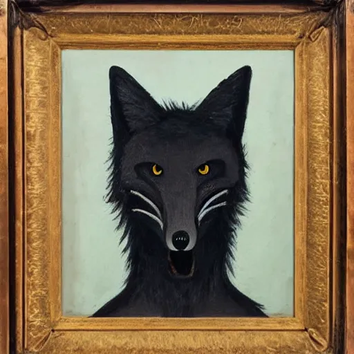 Image similar to portrait of a male anthro anthropomorphic black fox furry fursona with hands on eyes, wearing a suit, 1 9 7 0 s oil on canvas painting, by famous artist jylon denja