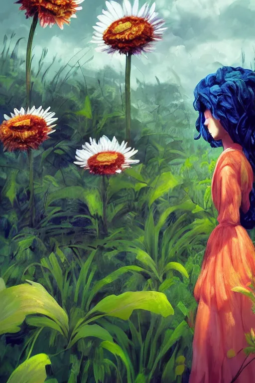 Image similar to closeup, girl with giant daisy flower head, between monsteras, surreal photography, wind and cold, dramatic sky, impressionist painting, digital painting, artstation, simon stalenhag