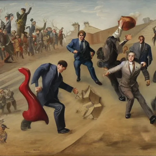 Prompt: A group of politicians run away terrified as a giant shoe is about to crush them, oil on canvas, detailed, High quality