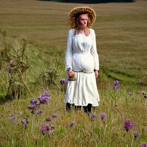 Prompt: thistles, grass, sun, woman and a swan. a meadow, late english summer. folk horror style. beautiful. gothic. dreamy. rooks