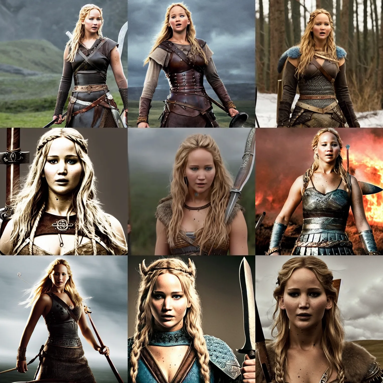 Prompt: Jennifer Lawrence as a Viking shieldmaiden, holding a sword