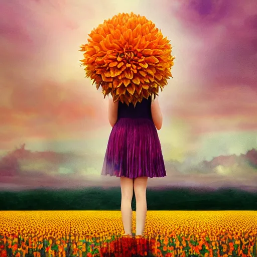 Image similar to giant dahlia flower head, full body girl standing in a flower field, surreal photography, sunrise, dramatic light, impressionist painting, colorful clouds, digital painting, artstation, simon stalenhag