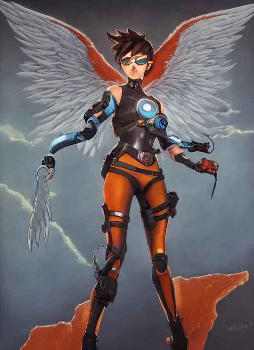 Image similar to full body artwork of tracer overwatch wearing leather collar in style of zdzisław beksinski, angel wings, dramatic painting, symmetrical composition, wearing detailed leather collar, black shiny armor, chains, black harness, detailed face and eyes,