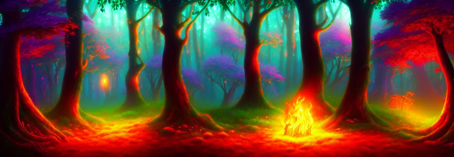 Image similar to enchanted magical forest on magical colorful fire , digital painting , digital art , artstation , devian art , 4k , HD