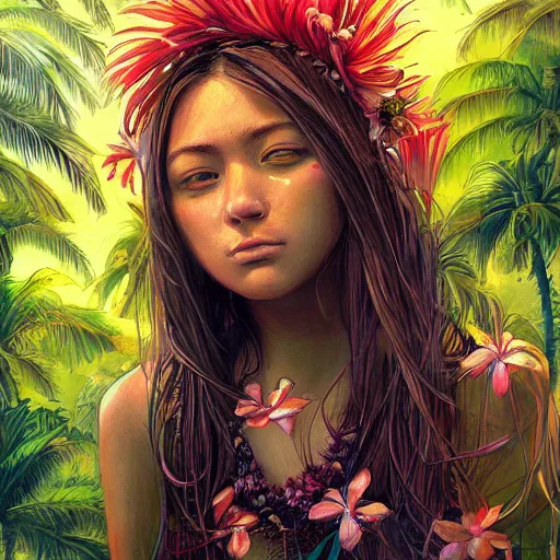 Prompt: portrait of a beautiful hawaiian girl, palm trees, flowers by android jones