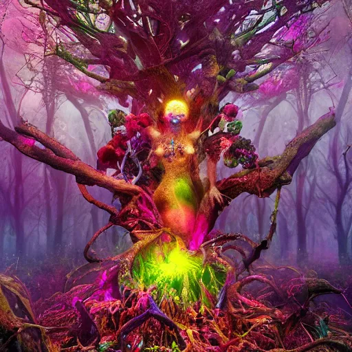 Prompt: a crazy chaotic small psychedelic surreal horror giant made of multicolored psychotropic hybrid of trees flowers, cybernetic beings and magical creatures in the chaotic spirit forest, fulcolor octane reminder, cinematic, ultra - realistic