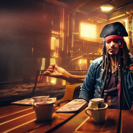 Prompt: high quality portrait of a pirate with four arms in a cyberpunk cyberpunk cyberpunk cafe, realism, 8k, award winning photo