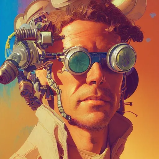 Image similar to a head and shoulders portrait of a space cowboy, neon, retro, steampunk, smooth, sharp focus, intricate, artstation, detailed concept art by Rutkowski and Mucha and sky sewa and Marc Simonetti