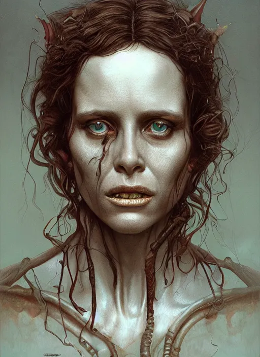 Image similar to a hyper detailed face portrait of ellen ripley becoming a xenomorph, by tom bagshaw, by zdzisław beksinski, trending on artstation