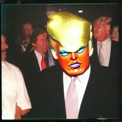 Prompt: A man wearing a Donald Trump mask at a party. Polaroid photo