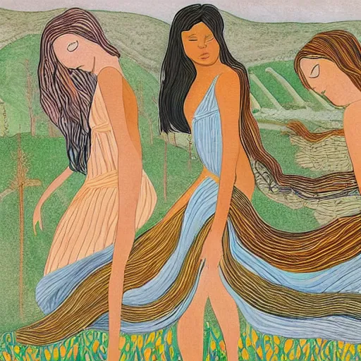 Image similar to The land art is a beautiful work of art. The three graces are depicted as beautiful young women, each with their own unique charms. The land art is full of color and life, and the women seem to radiate happiness and joy. Mesozoic, Ancient Roman by Noelle Stevenson jaunty