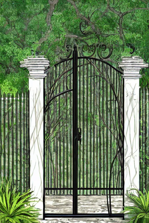 Prompt: beautiful digital painting high quality clear of wrought iron garden gate with a tranquil garden in the background and stone ground Aenami, artstation behance