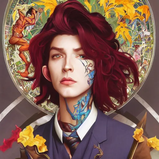 Image similar to a beautiful and androgynous half - elf with messy short red hair and dark skin tone and feline features and yellow eyes with slit pupils, wearing a colorful men's suit, dnd character, realistic digital painting by kehinde wiley and ross tran and gerald brom and fernando amorsolo and alphonse mucha, trending on artstation
