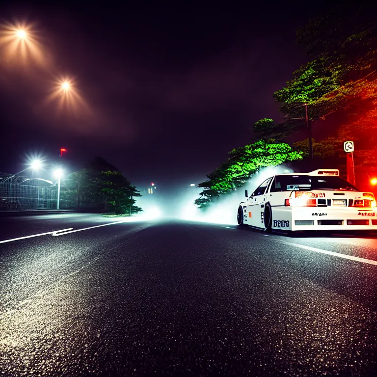 Image similar to close-up-photo JZX90 twin turbo drift middle of empty street, misty kanagawa prefecture, night, cinematic color, photorealistic, highly detailed,