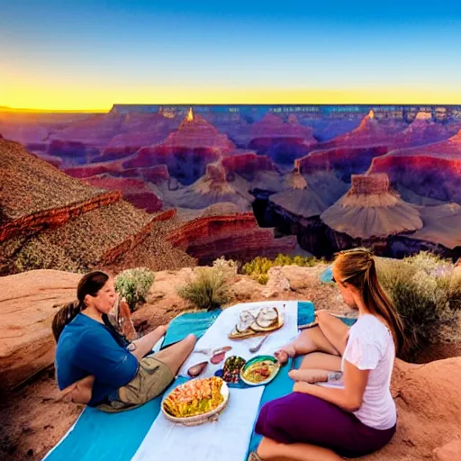 Prompt: a picnic at the bottom of the grand canyon, golden hour