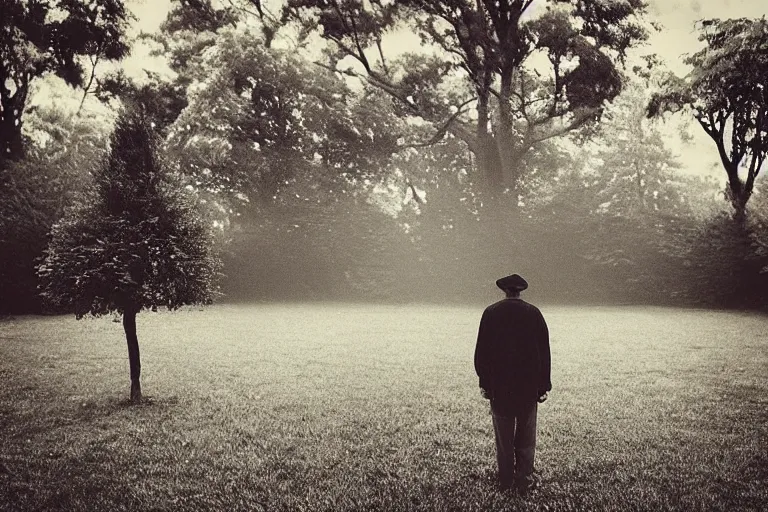 Image similar to “Photo in style of Matt Mahurin. Close-up of a serious old man in a garden full of levitating trees. The dark sky is torn open like a paper and bright light shines through it. Dark. Cinematic lighting. Old grainy photo.”