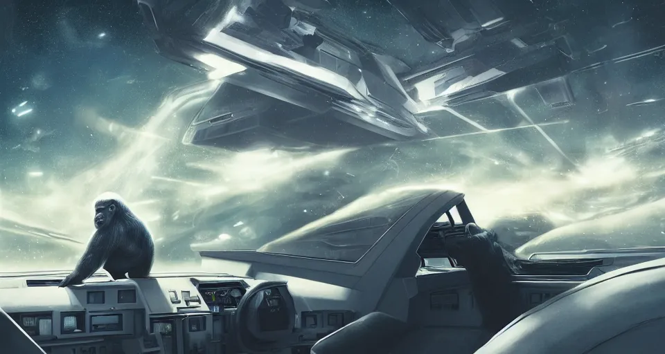 Prompt: gorilla in a white blade runner jacket behind the wheel of a spaceship, in the andromeda galaxie by ash thorp