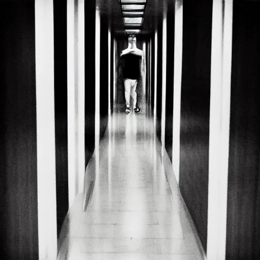 Image similar to a photo of Mark Zuckerberg in an unsettling hallway taken with a disposable camera at night