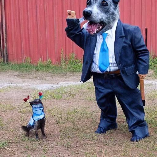 Image similar to Blue Heeler dog wearing a suit and smoking a cigar, holding a shotgun and pointing it at somebody mob-style.