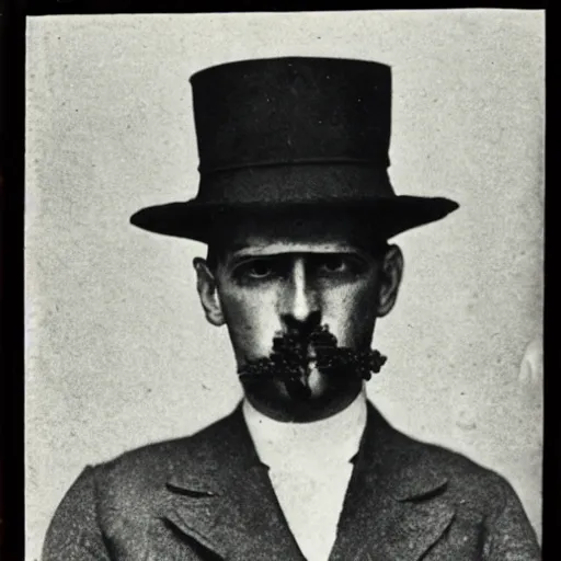 Prompt: eldritch portrait of noir detective wearing a hat covering eyes, 1900s photo