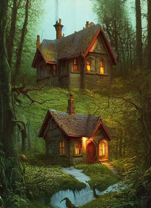 Image similar to hyper realistic homely ornate modern witch cottage far away in the woods gorgeous lighting, blue sky, highly detailed, lush forest by zdzisław beksinski and norman rockwell and greg rutkowskiweta studio, and lucasfilm