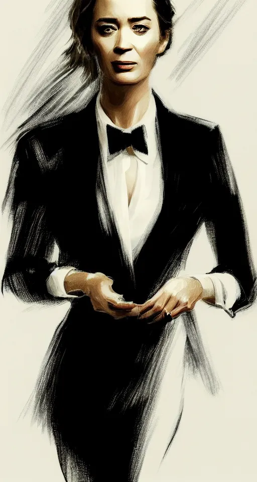 Image similar to portrait of emily blunt as business woman, black suit, white shirt, black tie, intricate, headshot, key visual, conceptart, ambient lighting, highly detailed, digital painting, artstation, concept art, sharp focus, by makoto shinkai and akihiko yoshida and greg manchess