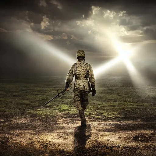 Prompt: the last soldier standing on the battle field, photorealistic, dramatic, award-winning, realism, dramatic, bloom, back lit, god rays, dark, 8k