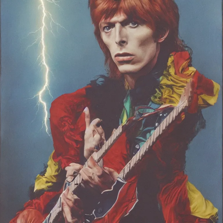 Image similar to Pre-Raphaelite portrait of 1970s David Bowie, ziggy stardust playing flying V guitar, single lightning strike in background. Flash Gorden