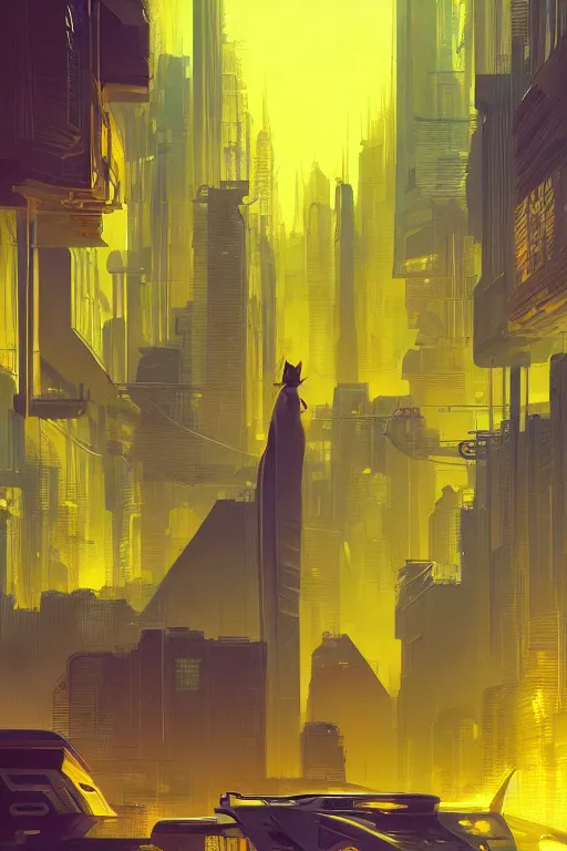 Prompt: yellow cat inside a synth wave city, highly detailed, digital painting, artstation, concept art, sharp focus, illustration, art by greg rutkowski and alphonse mucha