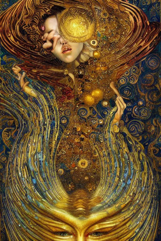 Image similar to Visions of Paradise by Karol Bak, Jean Deville, Gustav Klimt, and Vincent Van Gogh, visionary, otherworldly, fractal structures, ornate gilded medieval icon, third eye, spirals, heavenly spiraling clouds with godrays, airy colors, feathery wings