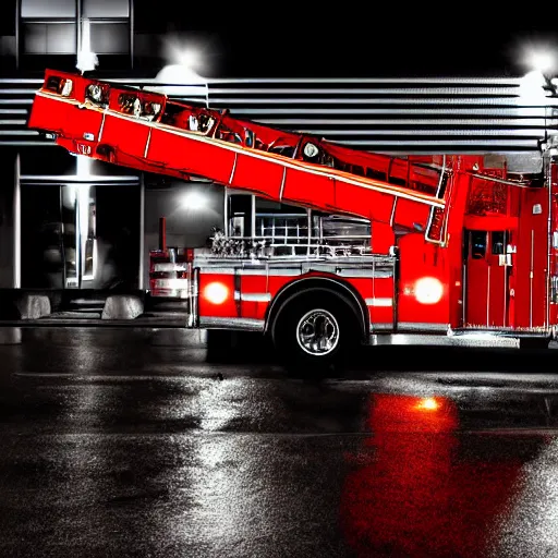 Prompt: A firetruck at night, back view, off angle, dark shading, flashing lights, wet reflective concrete, city, photograph, award winning, deviantart