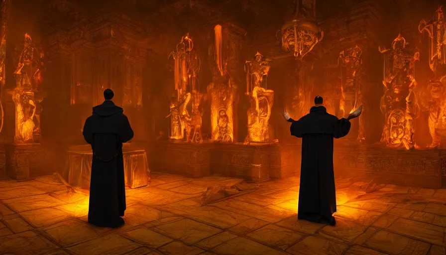 Image similar to an occult priest performs demonic ritual with magic and a glowing sigil in a fantastic temple, volumetric lighting, magical lighting, raytracing, dynamic lights and shadows, photorealistic render, digital art, wallpaper