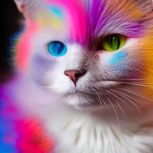 Prompt: a cat with colorful cotton candy fur, photo realistic