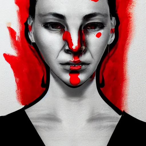Image similar to dripping red paint across the shape of a female human, realistic , high detail, on a white background