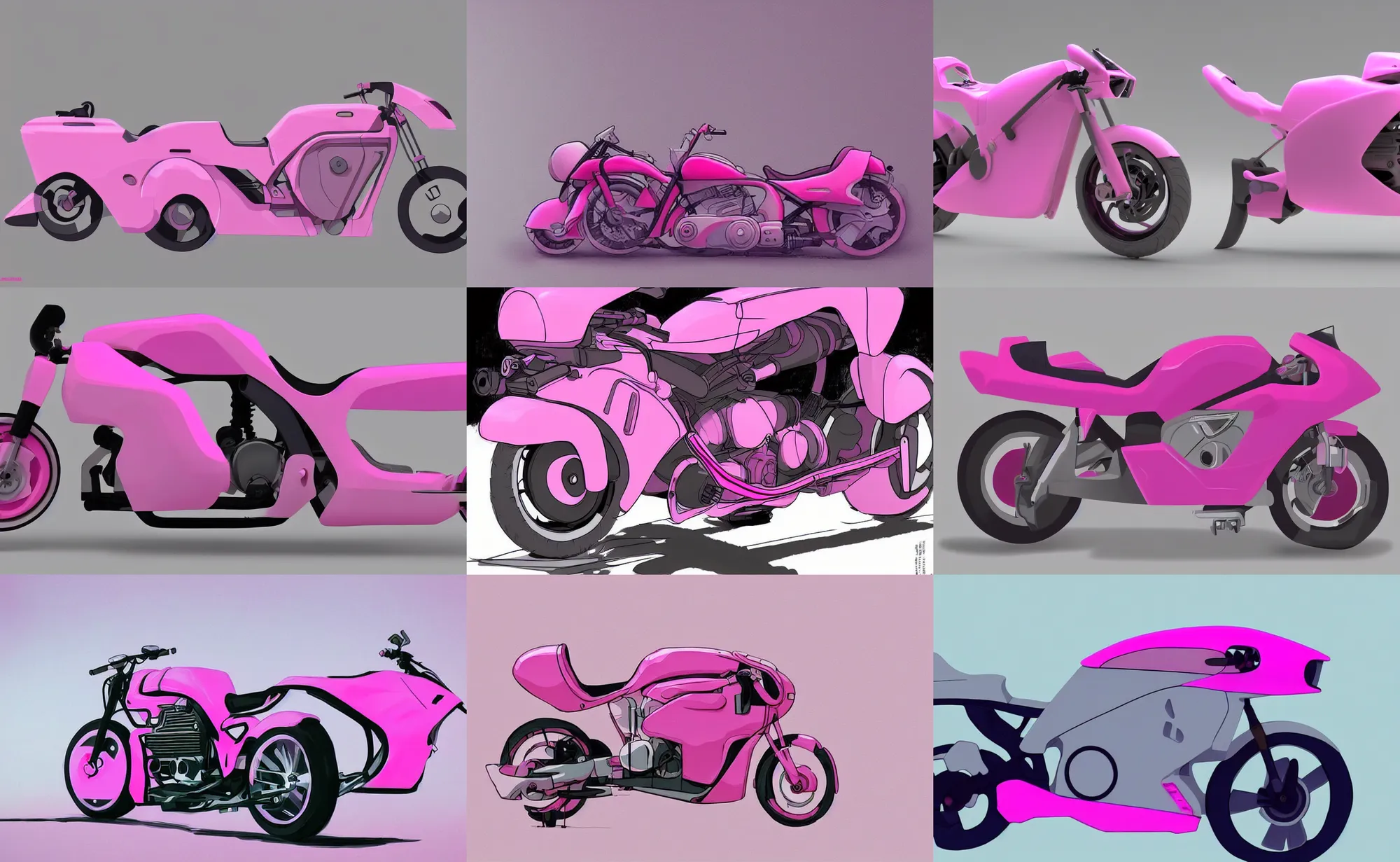 Prompt: a futuristic pink motorbike in a white room. by studio ghibli. trending on artstation.