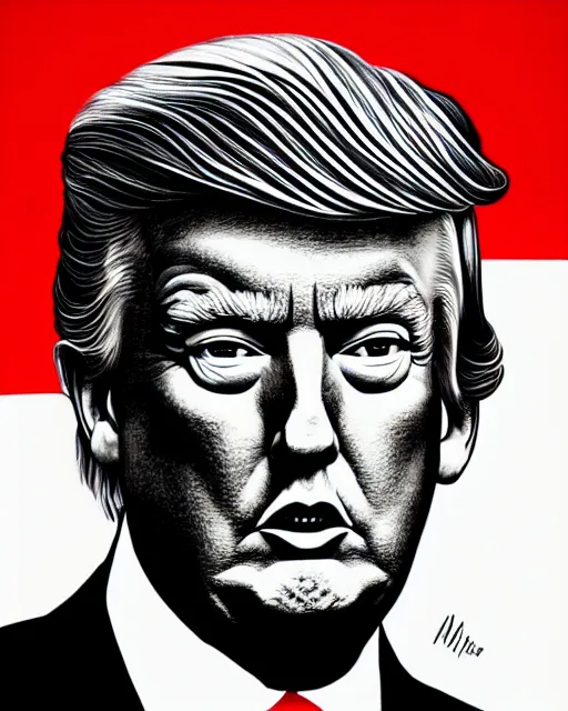 Prompt: highly detailed portrait of donald trump by casey weldon, serene, 4 k resolution, red, black and white color scheme