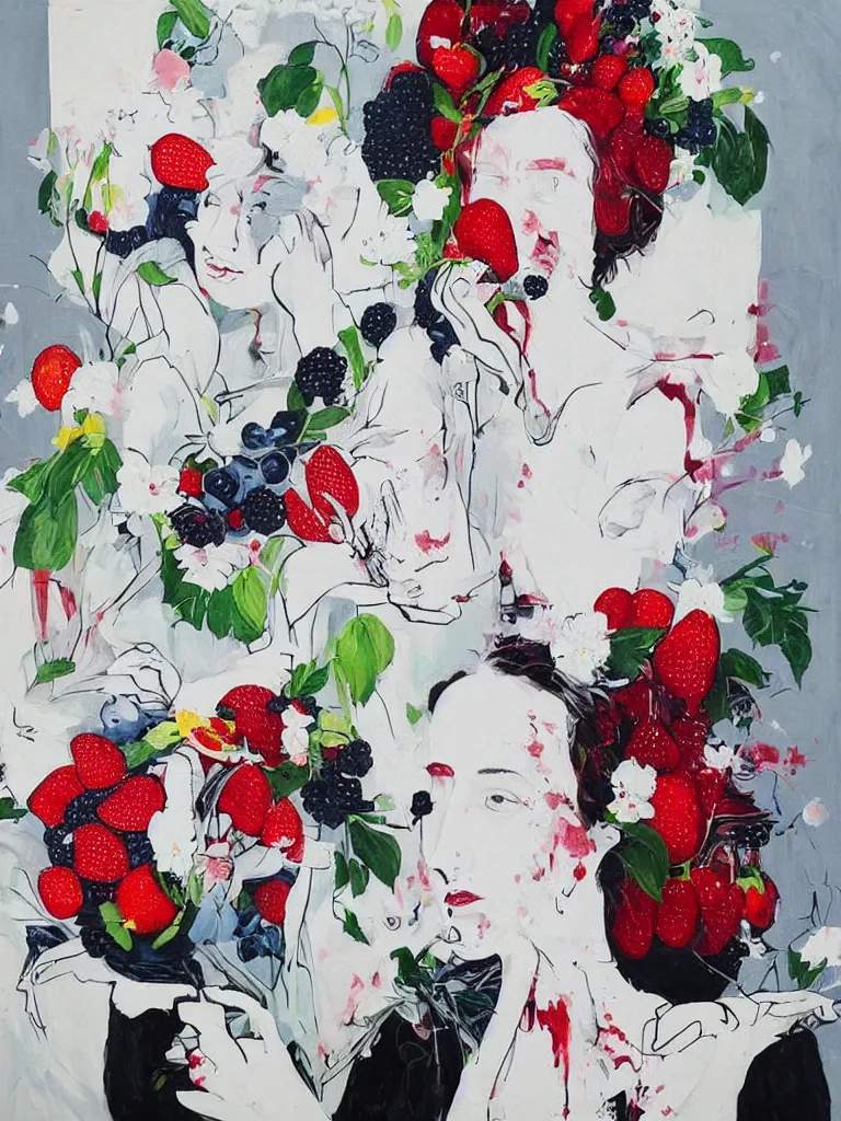 Image similar to “art in an Australian artist’s apartment, portrait of a woman wearing white cotton cloth, eating luscious fresh raspberries and strawberries and blueberries, white wax, edible flowers, Japanese pottery, ikebana, black walls, acrylic and spray paint and oilstick on canvas”