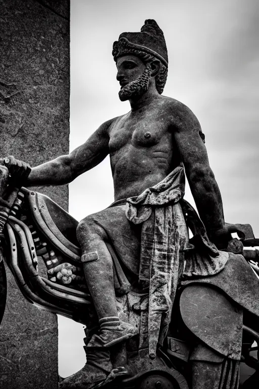 Image similar to photo of the ancient statue of biker on the ancient bike, symmetrical, cinematic, real dlsr photography, sharp focus, 4 k, ultra hd, sense of awe, archeology journal cover