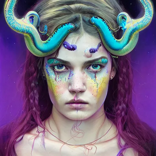 Prompt: art portrait of a furious girl with purple tentacles on her head, 8 k, by tristan eaton, stanley artgermm, tom bagshaw, greg rutkowski, carne griffiths, trending on deviantart, face enhance, hyper detailed, full of colour,