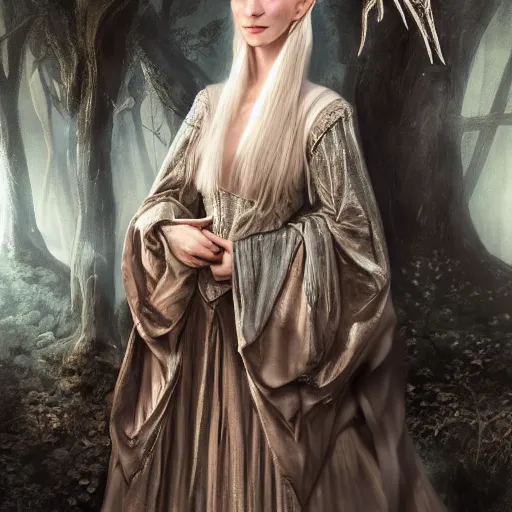 Prompt: portrait of dangerous, playful, mischievous young Galadriel (looks like Cate Blanchett) as a queen of elves, dressed in a refined silvery garment. The background is a dark, chilling eastern europen forrest. night, horroristic shadows, higher contrasts, (((lumnious))), theatrical, character concept art by ruan jia, thomas kinkade, and J.Dickenson, trending on Pinterest