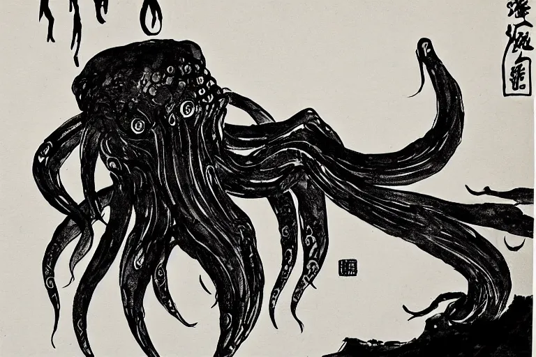 Prompt: cthulhu, qi baishi ink painting