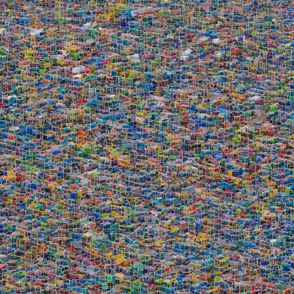 Prompt: a close - up view of a single high tower made up of various colourful makeshift squatter shacks, surrounded by collapsing construction material, sony a 7 r 3, f 2 2, fully frontal view, photographed by wolfgang tillmans, ultra detailed,