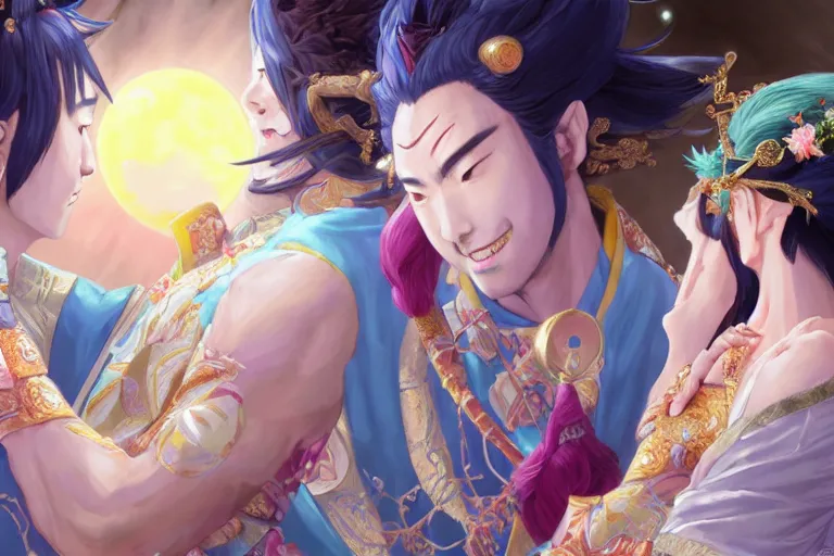 Image similar to close up moment of a divine a japan sun god and a moon goddess lovers magician at a wedding banquet, highly detailed, genshin, fantasy, 4 k realistic, digital painting, trending on artstation, concept art, sharp focus, illustration, art by makoto shinkai and akihiko yoshida and daniel gerhartz