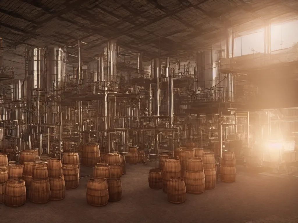 Prompt: a whisky factory with barrels stacked up to the sealing. sitting on a small wooden stool a large man sips a tiny tumbler of whisky. beautiful atmospheric lighting, sunlight beaming through open windows, small dust particles in the air. unreal engine 5, v - ray, 8 k, ultra hd, god rays.